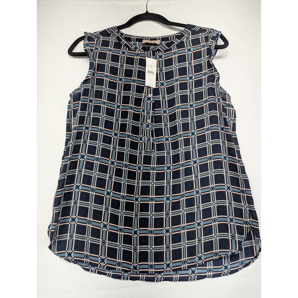 LOFT Outlet Plaid Sleeveless Flutter Sleeve Button Neck Blouse Women's‎ Small S